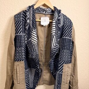 Stylish Tan  anthropologie Jacket with Blue Patterned Scarf